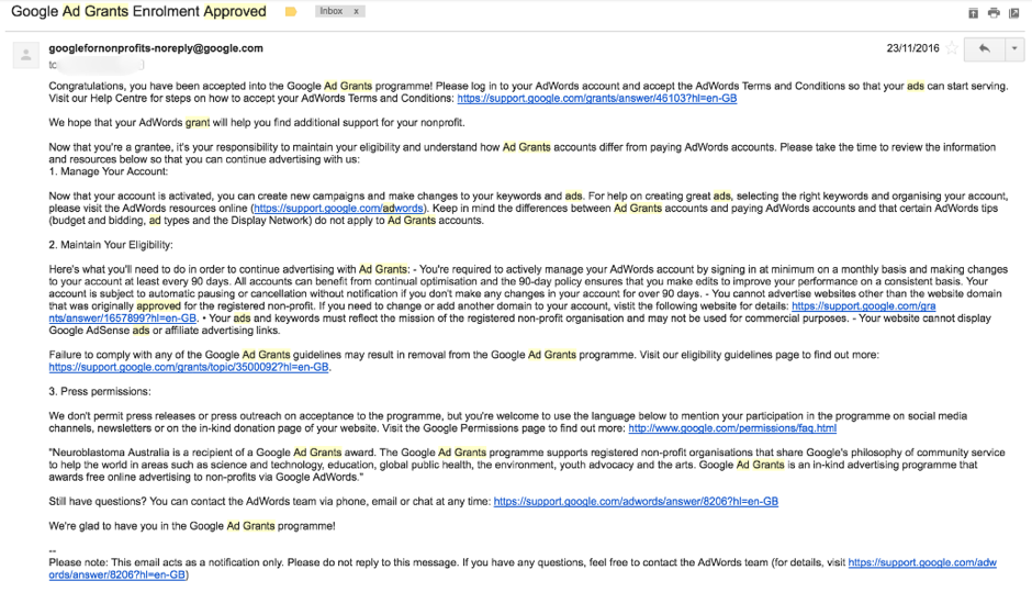 Google Ad Grant confirmation email