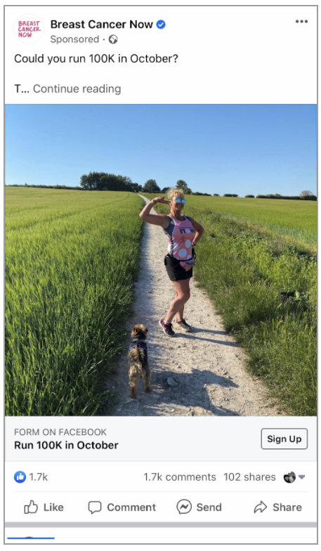Run 100k in a month - Breast Cancer Now facebook challenge fundraiser ad example