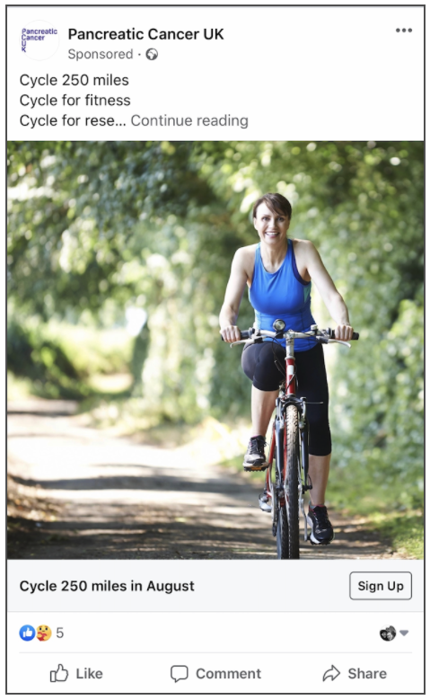 Cycle 250 miles - Pancreatic Cancer UK facebook challenge fundraiser ad example