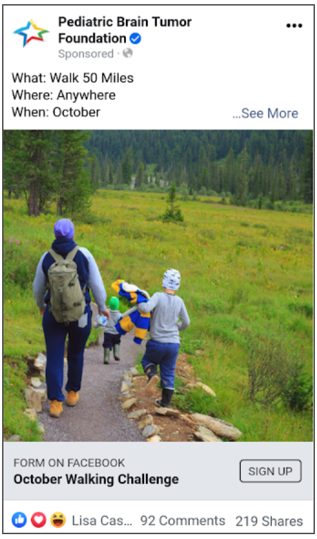 walking 50 miles - Pediatric Brain Tumor Foundation facebook challenge fundraiser ad example
