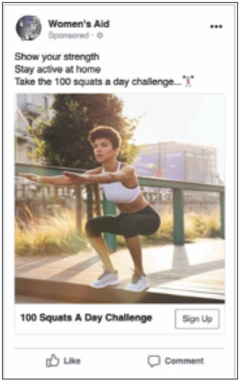 100 squats a day challenge - Women's Aid facebook challenge fundraiser ad example