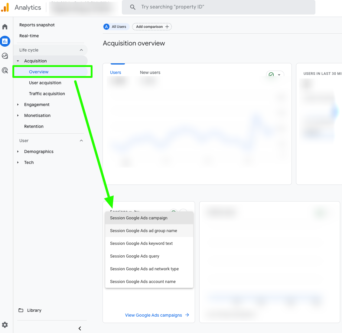 Navigate to the acquisition -> overview section in GA4