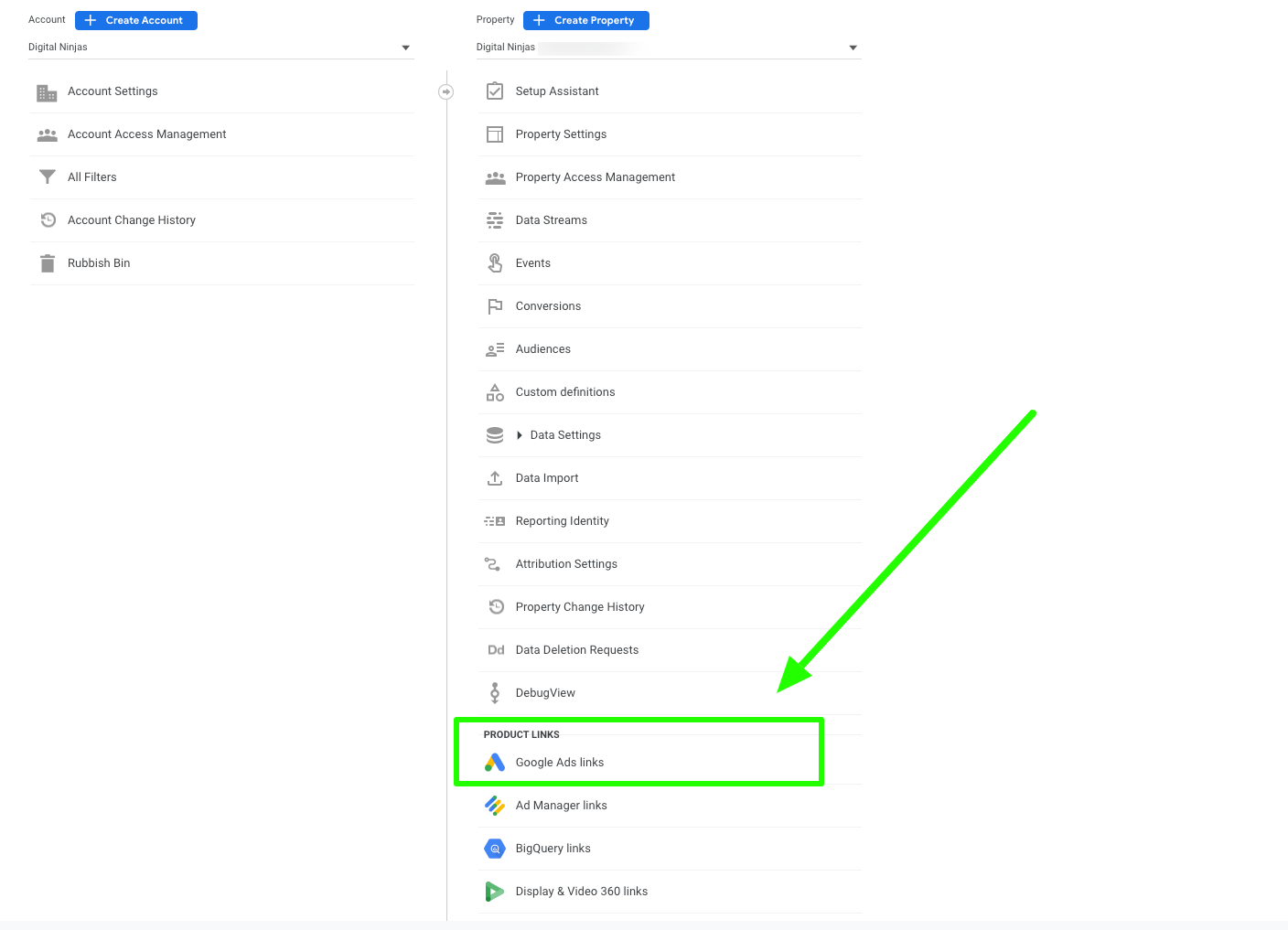 ga4 property column - select Google Ads links