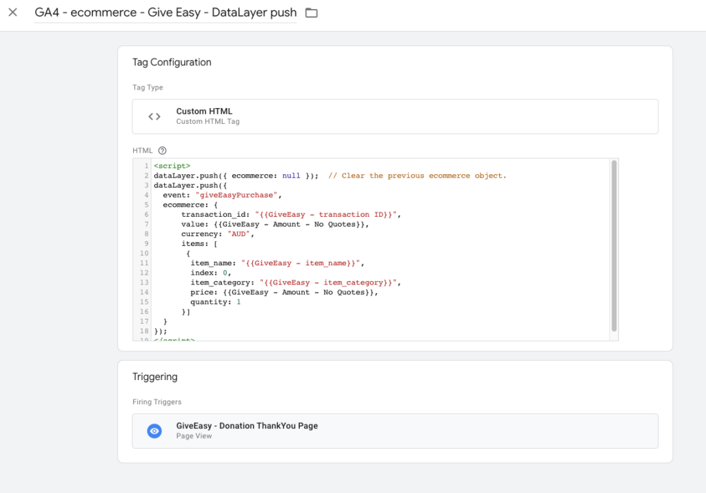 custom HTML tag to trigger dataLayer for GiveEasy