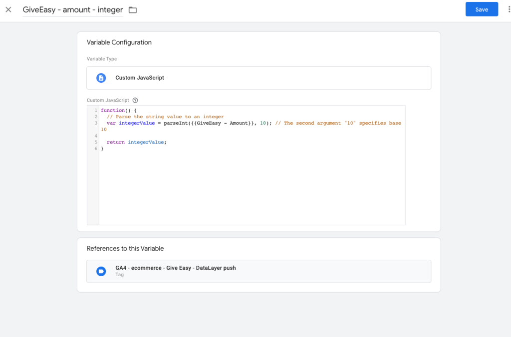 GiveEasy change amount into an integer so it's ingested into GA4