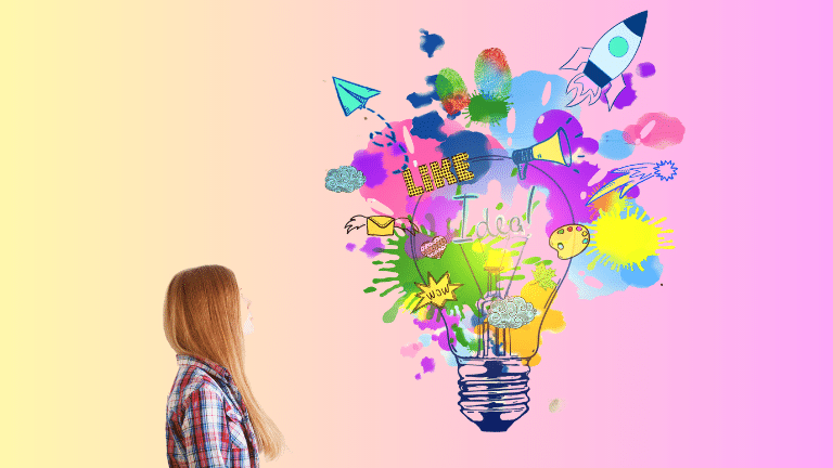 Content ideas for improved SEO rankings - image shows a photo of a woman looking at an illustration of a light bulb representing lots of ideas.