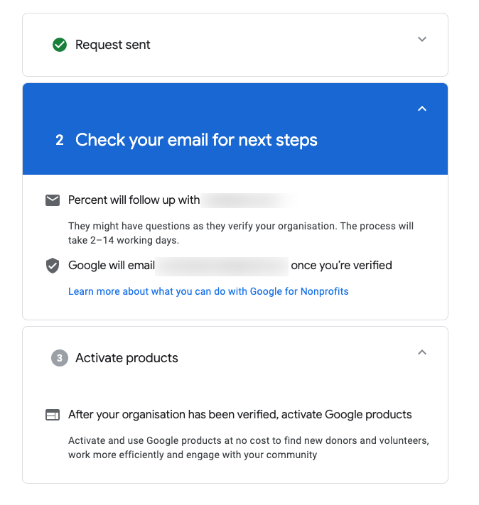 Notificcation from Google advising to keep an eye on email. The validation process can take 2-14 working days.