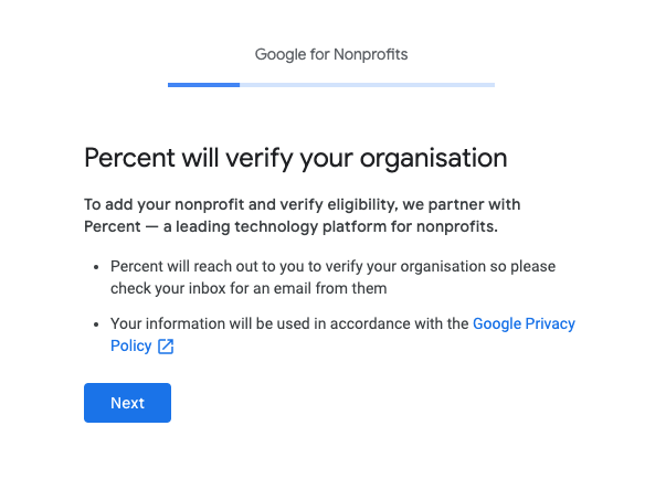 Screen shot showing that Percent will verify your organisation and asking for a few more specific peices of information.