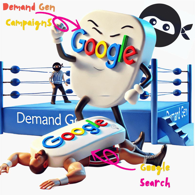 Image shows a mock Google Demand Gen Campaign in the wresting ring with a mock Google Search Campaign. The search campaign is tapping out due to it reaching it's limit.