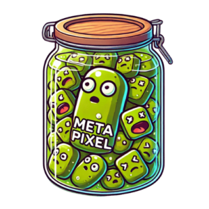 Shows a jar of pickled Meta Pixels with the meaning of not letting your Meta pixel get you in a pickle