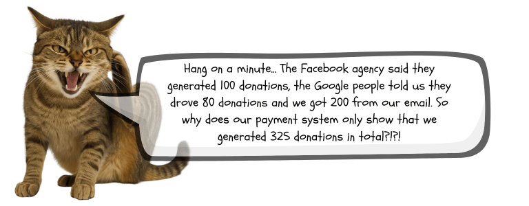 Hang on a minute... The Facebook agency said they generated 100 donations, the Google people told us they drove 80 donations and we got 200 from our email. So why does our payment system only show that we generated 325 donations in total?!?!